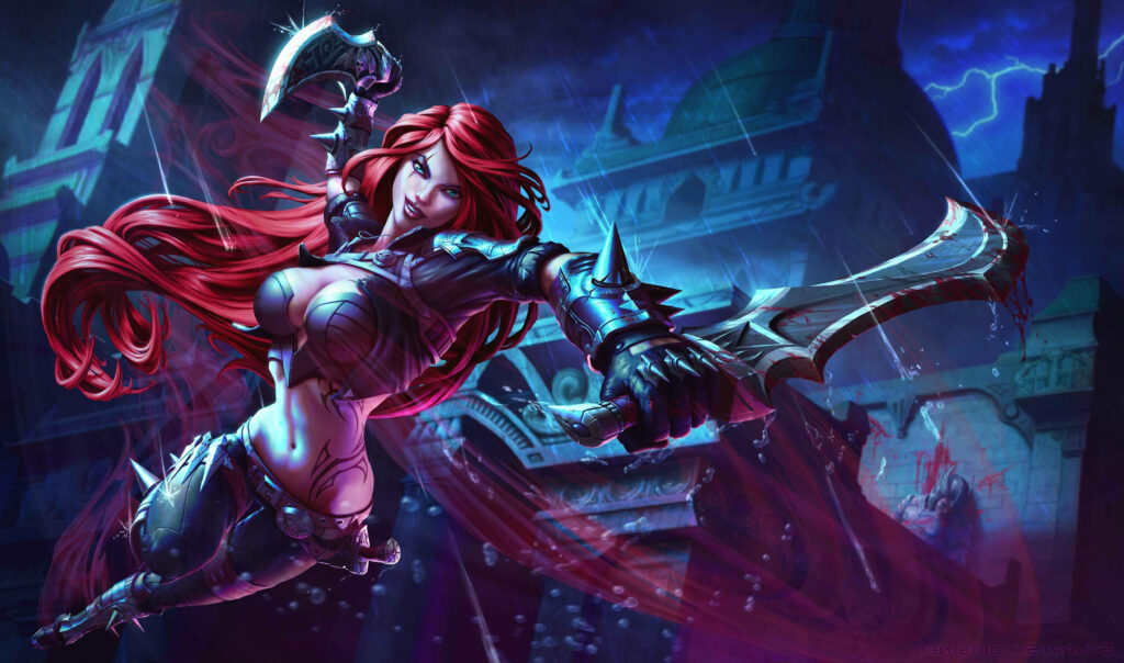 The Blades of Justice: Katarina's Bouncing Battle in a 3D League of Legends Background Wallpaper