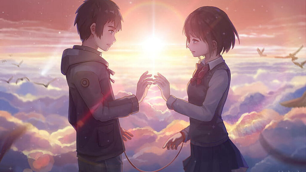 Sun-kissed Romance: Taki and Mitsuha's Aesthetic Anime Couple Wallpaper