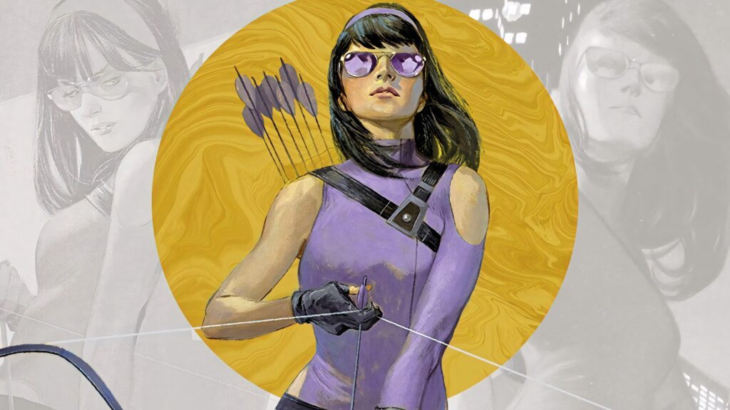 Kate Bishop in purple costume with bow dynamic comic art wallpaper bold colors heroic pose