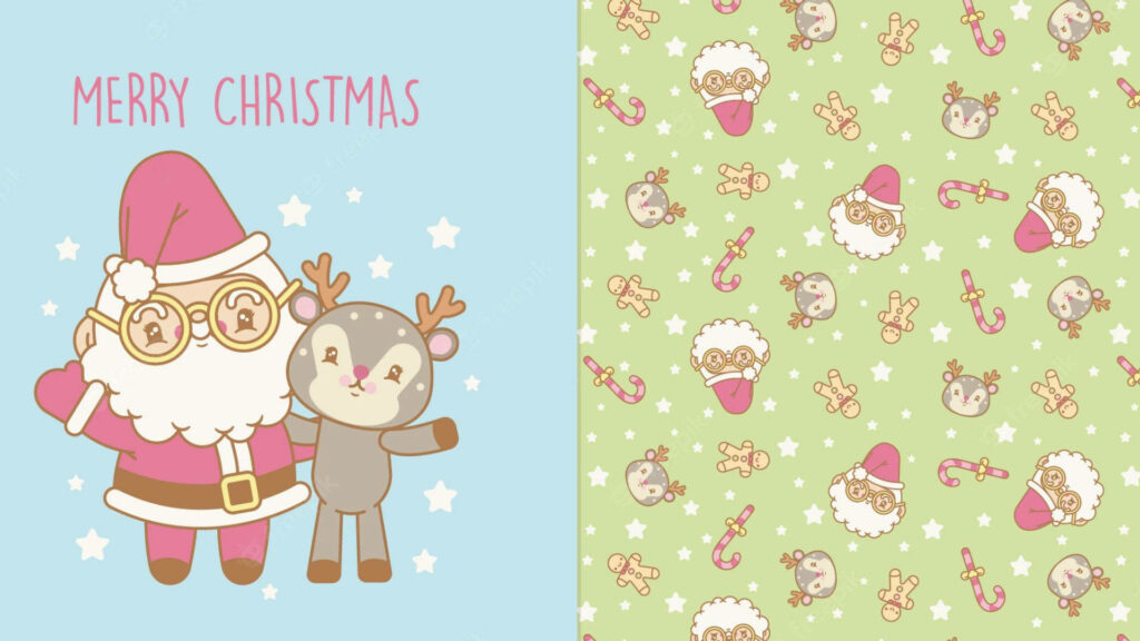 Adorable Kawaii Christmas Wallpaper: Santa & Reindeer in Pastel Design