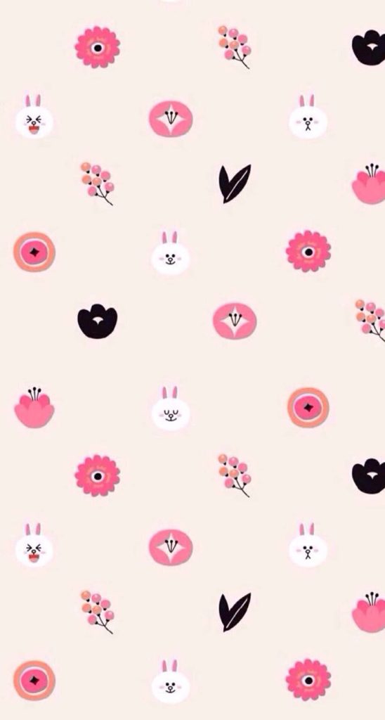 Kawaii Cony LINE Friends wallpaper with pink flowers berries black leaves on cream background