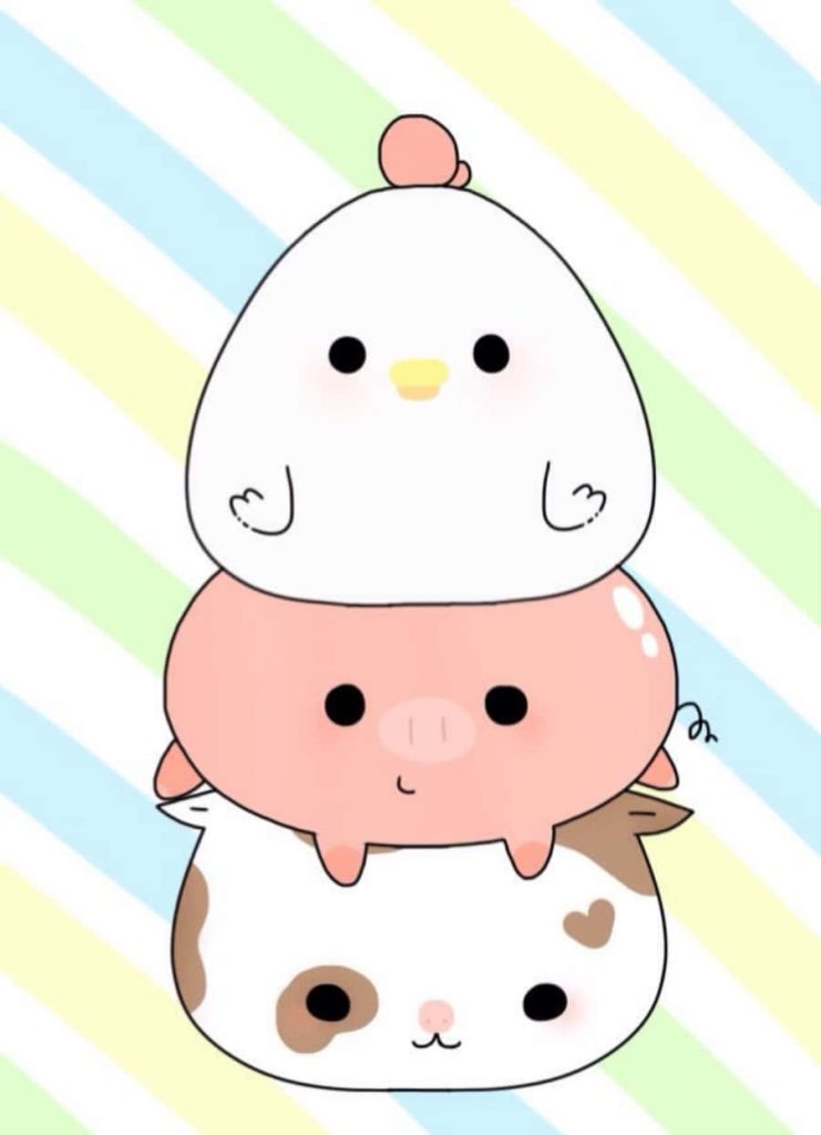 Kawaii wallpaper with cute white chick pink pig and spotted calf on pastel striped background