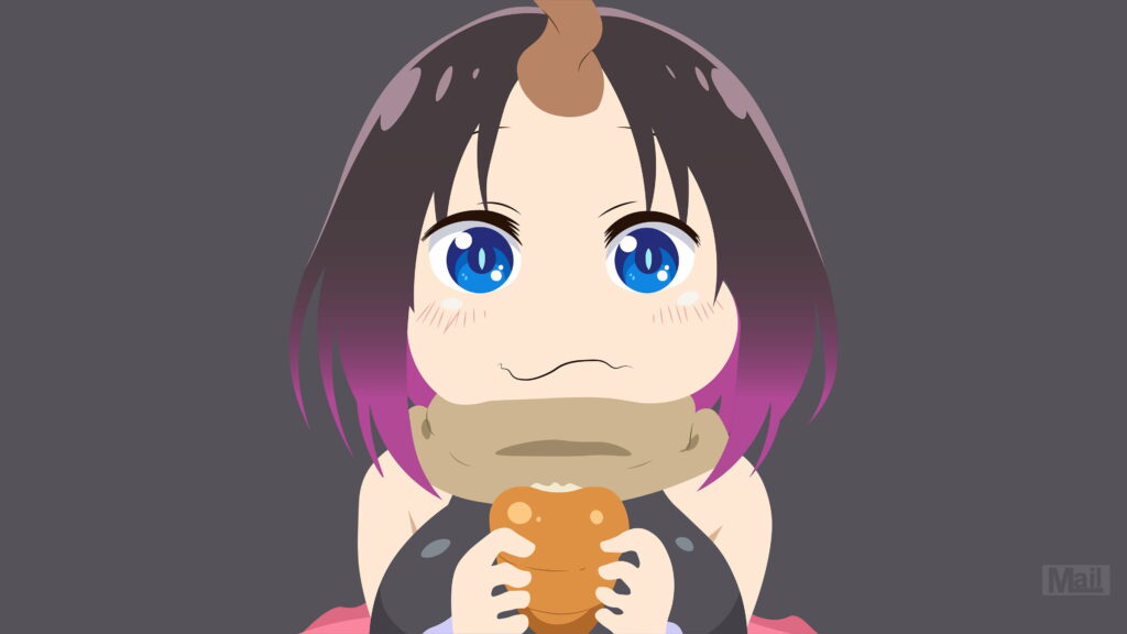 Kawaii Dragon Elma with big blue eyes and brown horn holding treat on gray background 4K wallpaper
