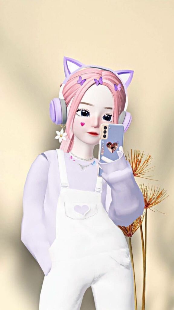Mirror Selfie of a Stylish Zepeto Anime E-girl Embracing Purple Aesthetic in Adorable Cat Headphones Wallpaper