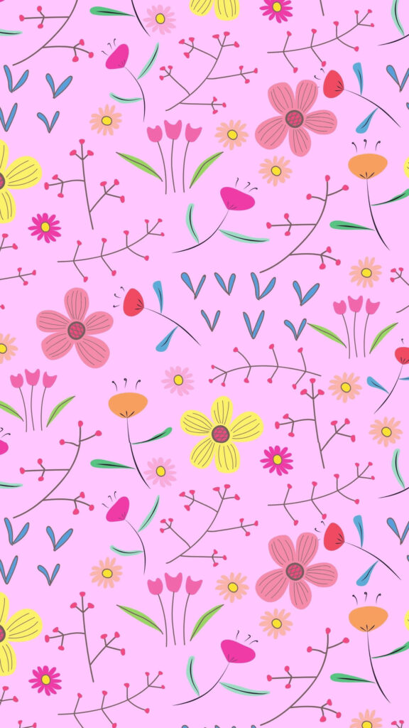 Kawaii Flower Pattern Wallpaper on Pink Background - Cheerful Decor