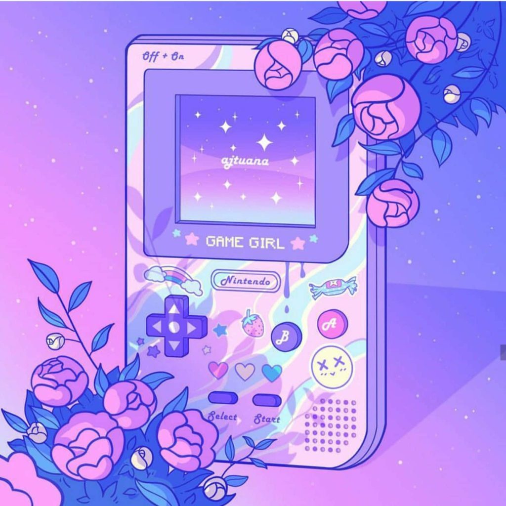 Retro Game Girl handheld console framed by pastel pink roses and cute kawaii stickers Wallpaper