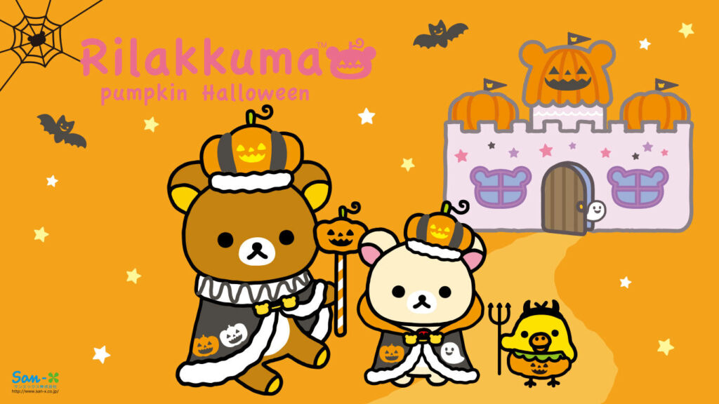 Rilakkuma's Enchanting Halloween Adventure: Kawaii Costume, Pumpkin Crown and Castle Wallpaper