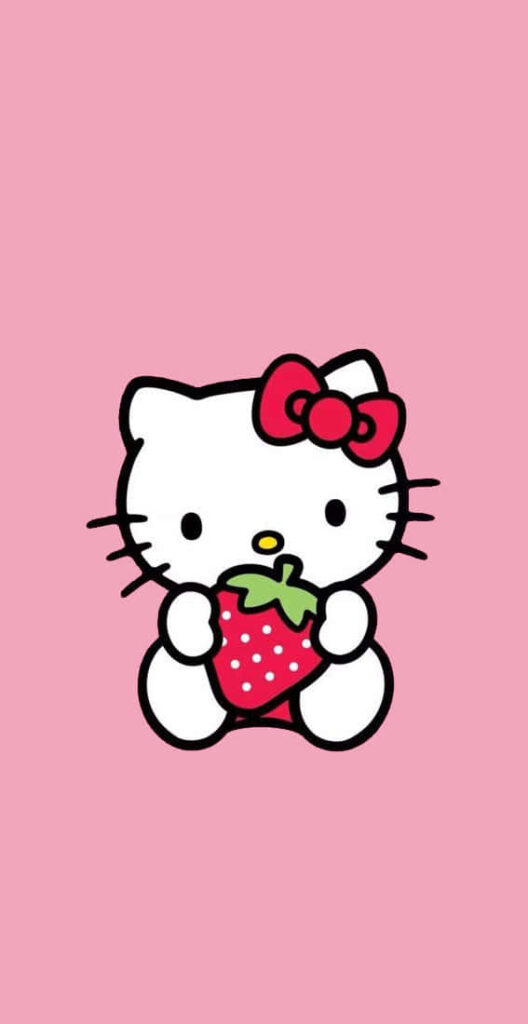 Kawaii Hello Kitty with Strawberry Wallpaper - Soft Pink Background