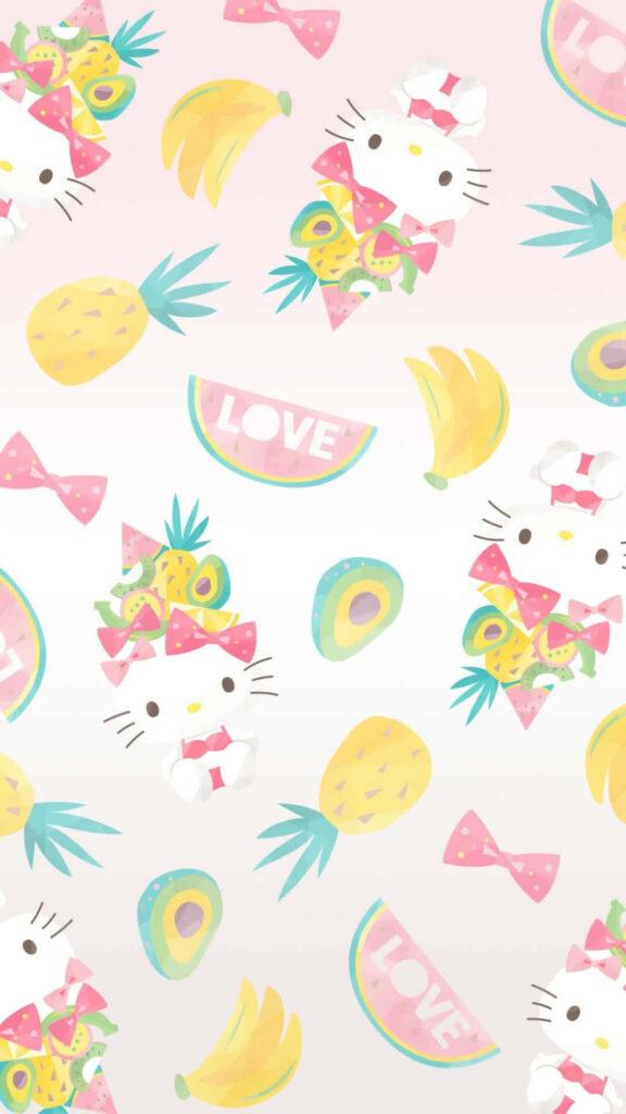Colorful Kawaii Hello Kitty Wallpaper with Fruits & Playful Bows