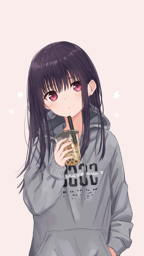 Cute Kazumi Enjoying Milk Tea - Anime Girl Pfp with Gray Hoodie Jacket against White Background Wallpaper