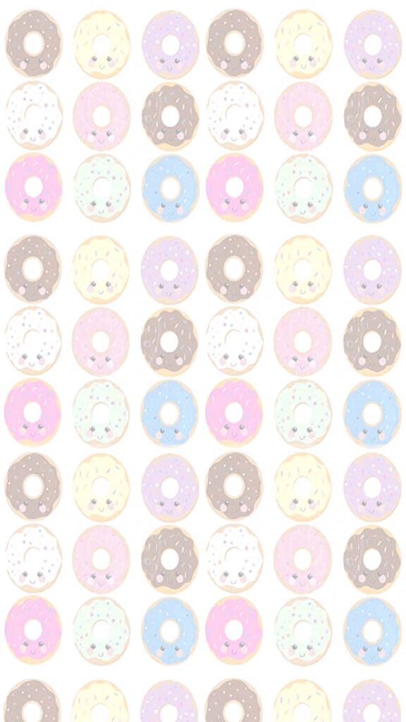 Pastel kawaii donuts wallpaper with smiling faces icing in pink blue yellow brown and beige sprinkles