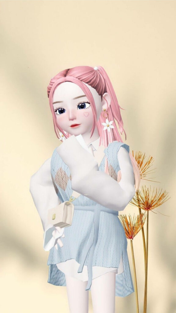 Adorable Zepeto Avatar with Rose Gold Hair and Chic White Outfit in Dreamy Cream Background Wallpaper