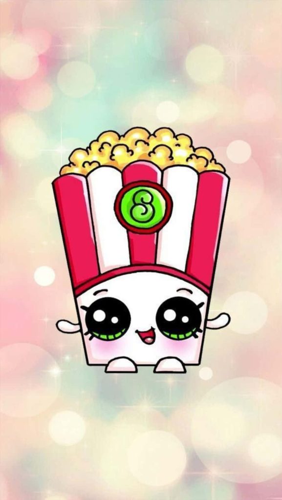 Kawaii Shopkins wallpaper featuring happy red striped popcorn bucket Pops Corn on pastel bokeh background