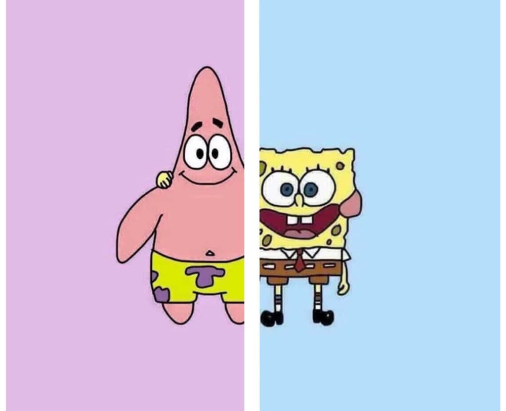 Kawaii SpongeBob and Patrick split-screen wallpaper with soft pink and blue backgrounds cartoon