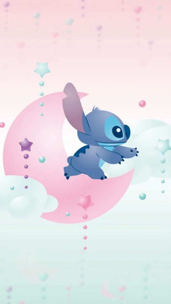 Stitched Dreams: Kawaii Character Relaxing on a Rosy Moon Amongst Celestial Clouds and Glittering Stars Wallpaper