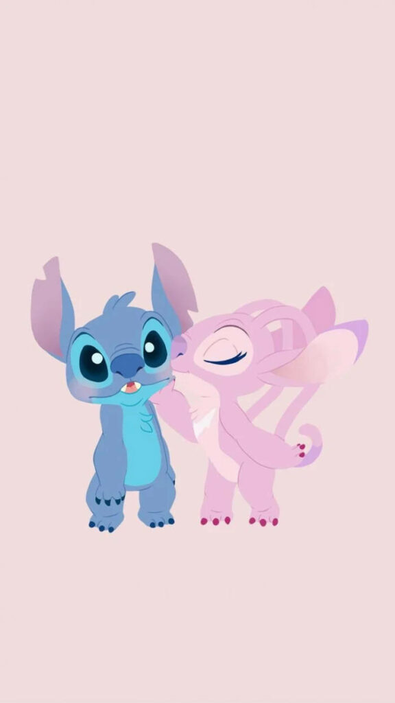 Adorable Encounter: Angel Planting a Sweet Kiss on Kawaii Stitch's Cheek Wallpaper