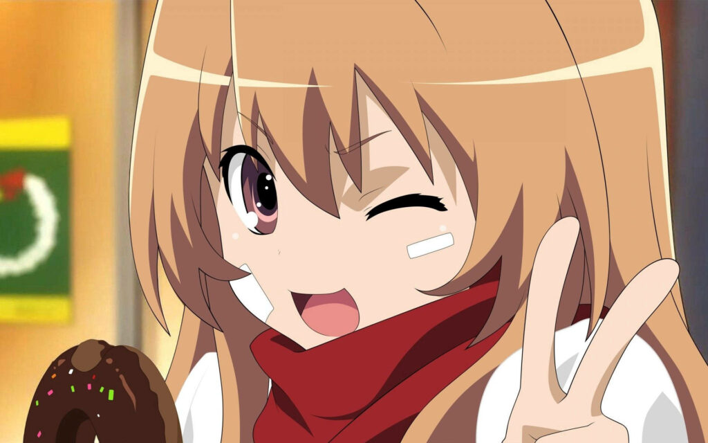 Sweet Selfie with Taiga Aisaka: A Brown-Haired Anime Girl Enjoying a Donut in a Background Full of Colors Wallpaper