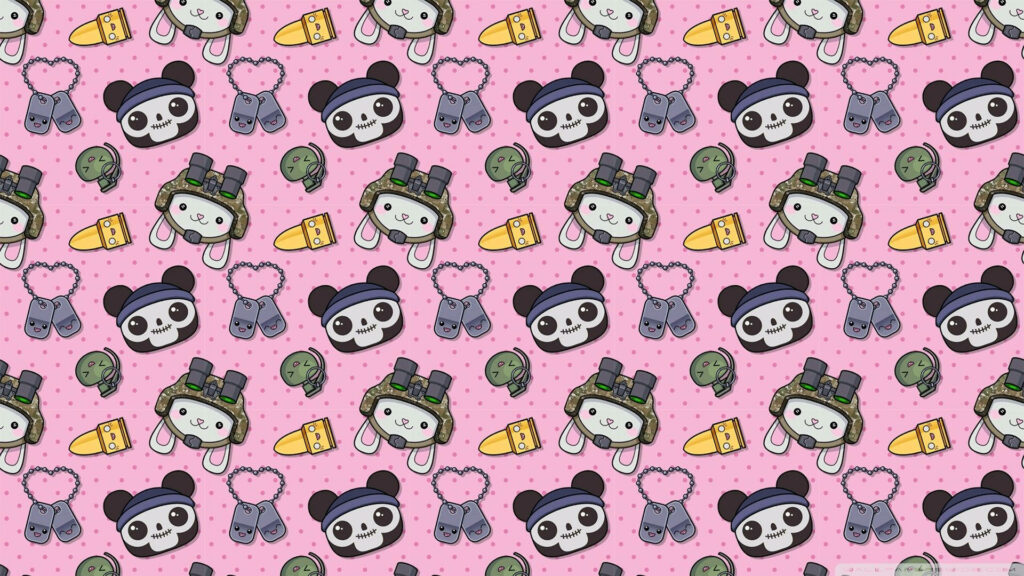 Pink Kawaii Troop wallpaper with pandas bunnies in cute military gear and pastel stars hearts