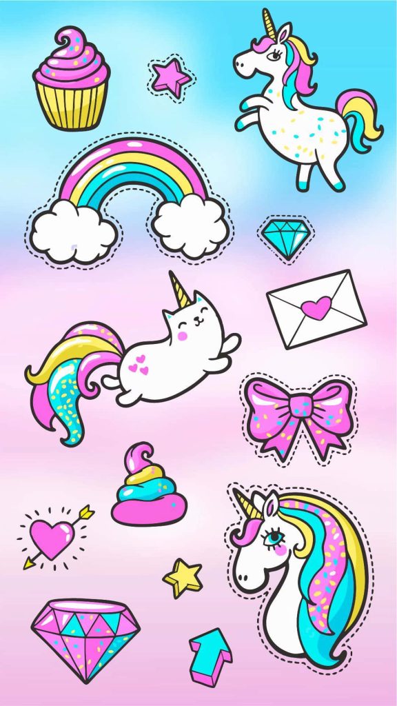Kawaii wallpaper with cute unicorns caticorn rainbows diamonds cupcake on pastel gradient background