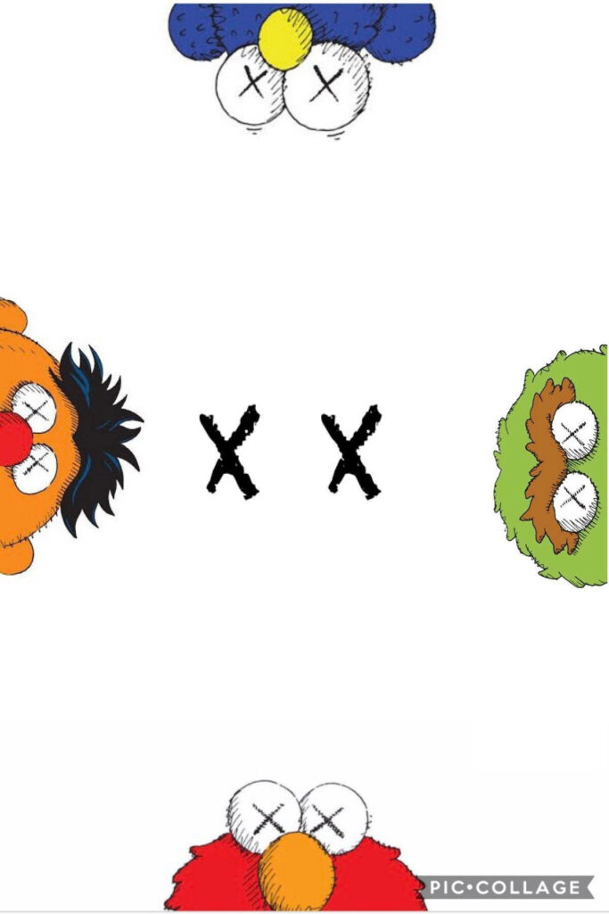 Kaws Sesame Street wallpaper with iconic characters and X eyes on white background creative design