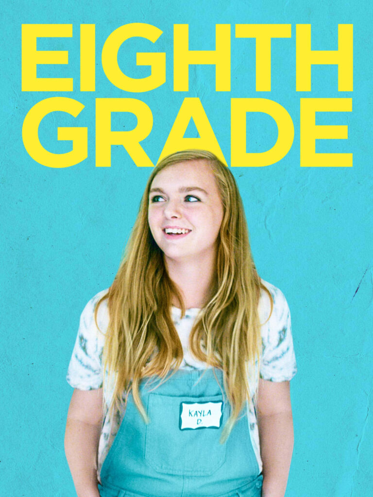 Elsie Fisher as Kayla Day in Eighth Grade against bright turquoise background youthful style Wallpaper