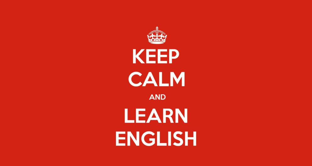 Minimalist red wallpaper with Keep Calm and Learn English white text and crown icon motivational design