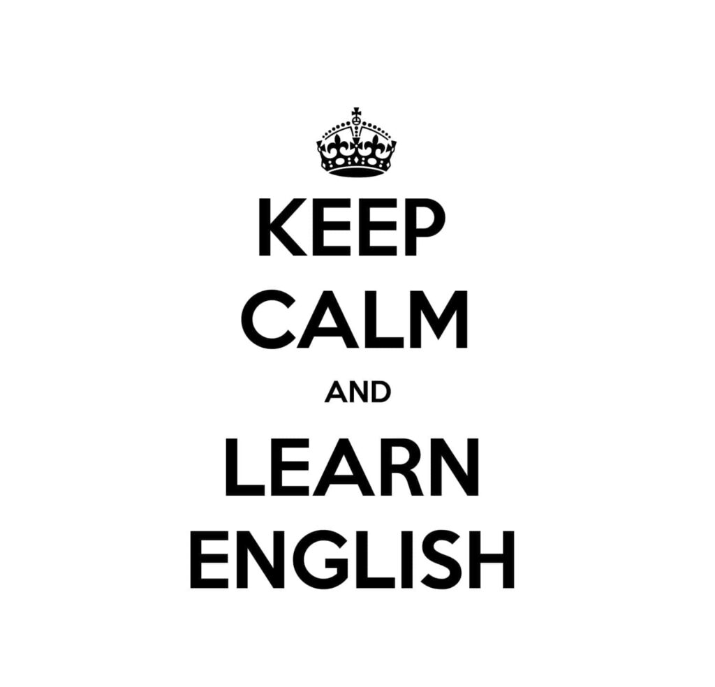 Minimalist Keep Calm and Learn English wallpaper with crown icon on clean white background
