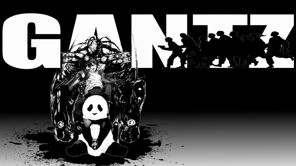 Kei Kurono on Gantz tech-chair with weapon and panda bold GANTZ logo manga wallpaper background