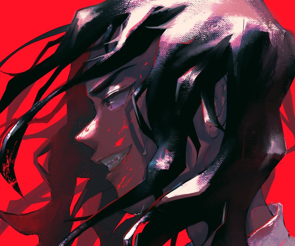 Keisuke Baji digital art with wild hair fierce blood-streaked smile red textured background wallpaper