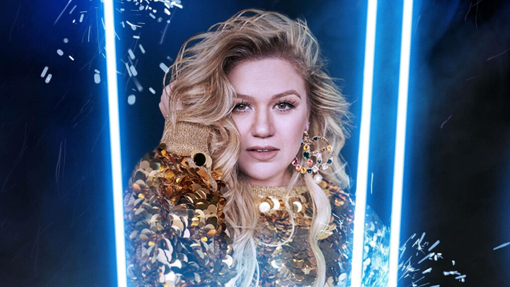 Kelly Clarkson confident pose with vibrant blue laser lights modern energetic wallpaper background