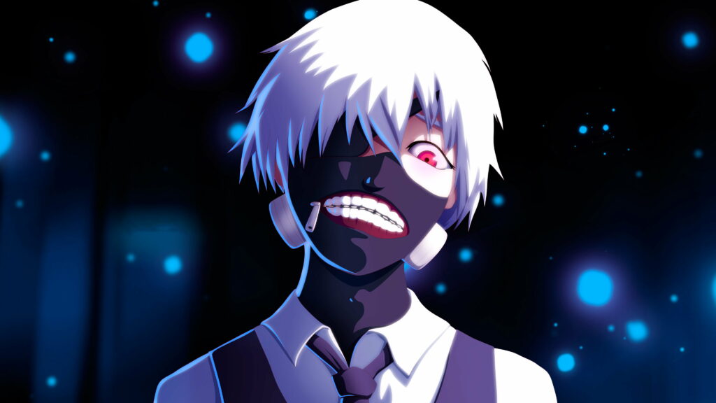 Ken Kaneki Tokyo Ghoul 4K wallpaper white hair red eye zipper mask blue glowing bokeh background