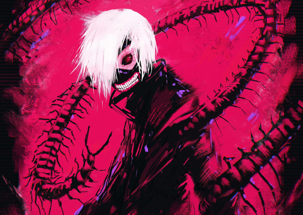 Ken Kaneki Tokyo Ghoul wallpaper in centipede form with dark lines vibrant red hues intense mask