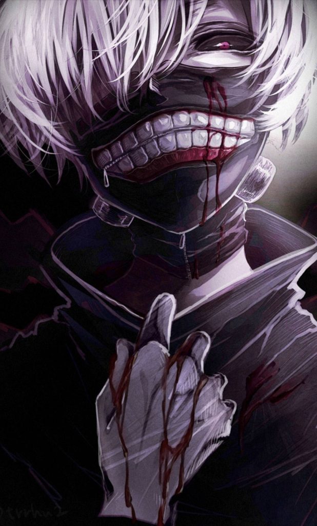 Ken Kaneki Tokyo Ghoul wallpaper with white hair red eye signature mask dark blood background