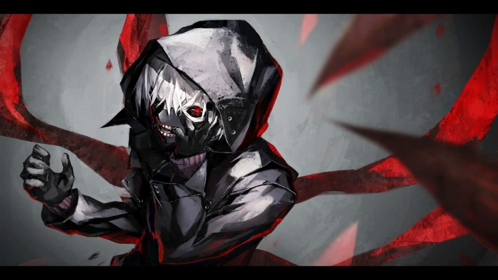 Ken Kaneki Tokyo Ghoul anime wallpaper intense red eye crimson kagune dark digital art