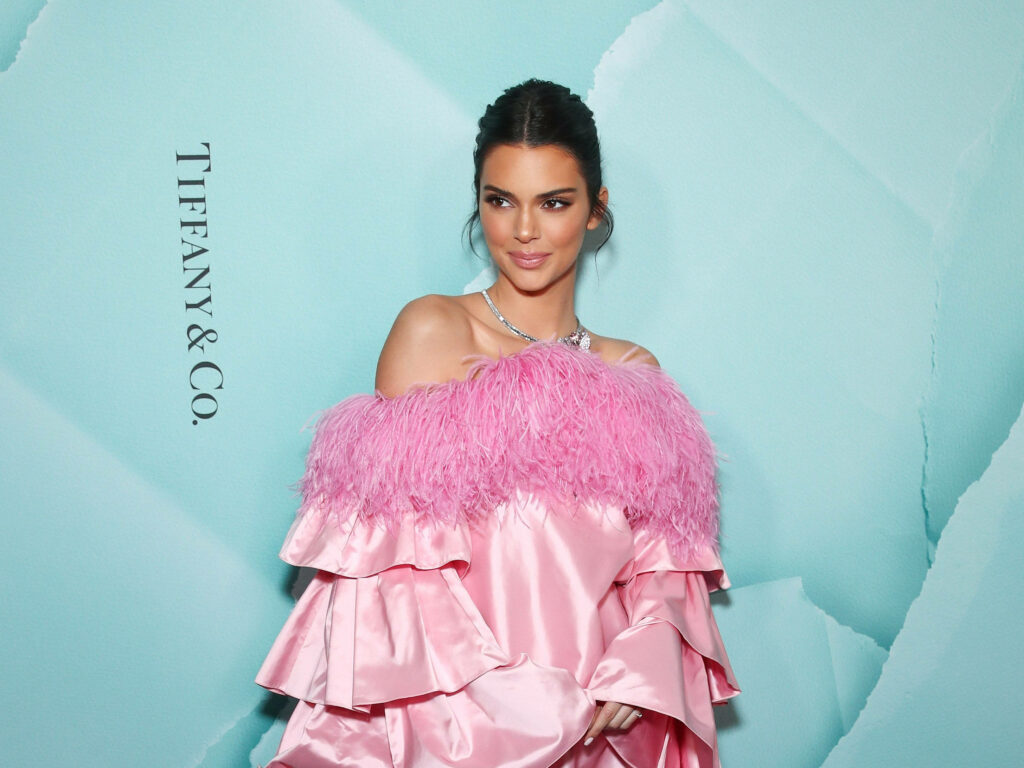 Kendall Jenner in Elegant Pink Outfit - Tiffany & Co. Teal Wallpaper