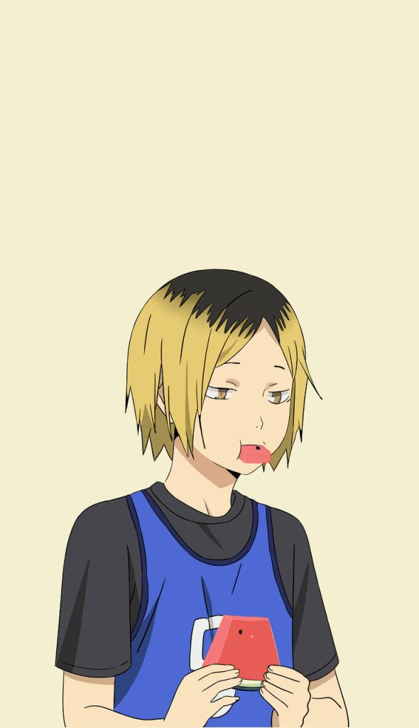 Kenma Kozume Haikyuu wallpaper eating watermelon casual black shirt blue practice bib yellow background