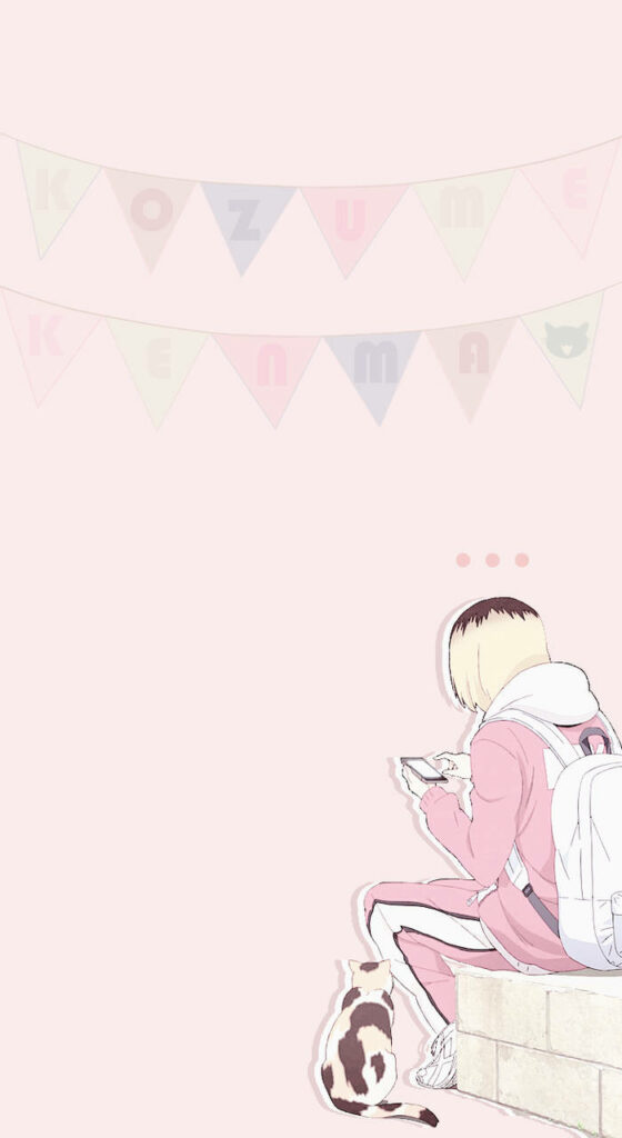 Kenma Kozume Embracing Comfort: An Enchanting Image of the Game Obsessed Boy in His Iconic Tracksuit, Playfully Engaging With His Feline Companion Amidst Vibrant Pink Hues and Festive Decor Wallpaper