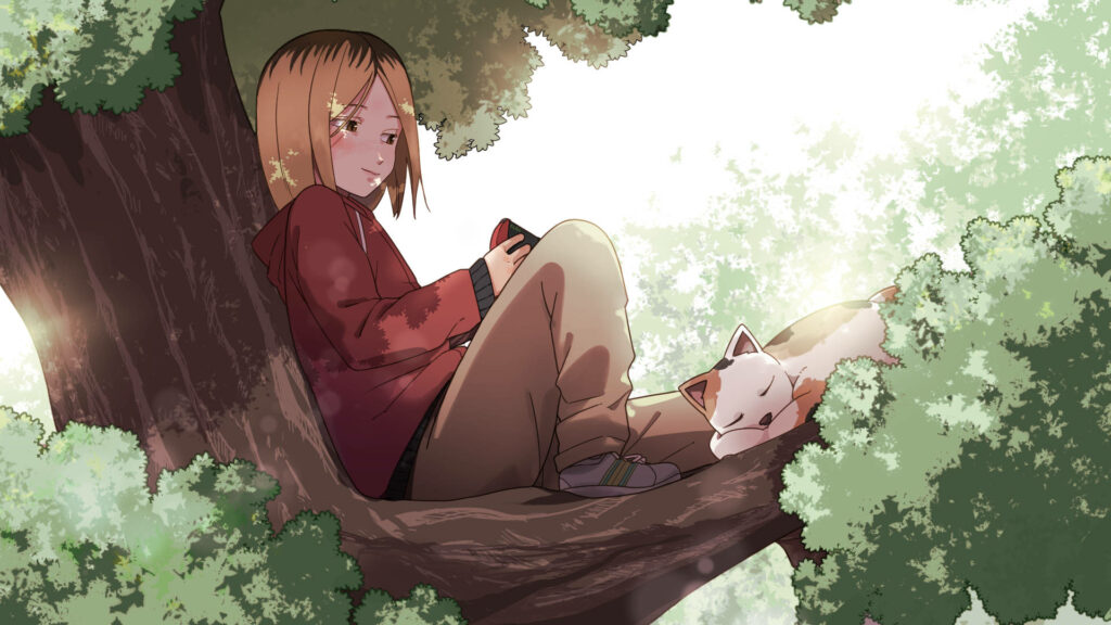 Kenma Finds Solace: A Cozy Encounter with a Calico Companion in the Haikyuu Forest Wallpaper