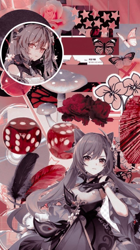 Keqing from Genshin Impact maroon collage wallpaper with roses butterflies dice and florals