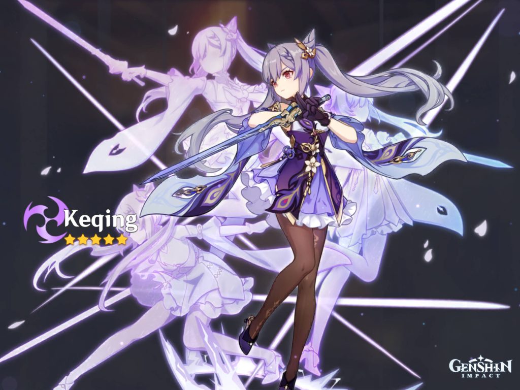 Keqing Genshin Impact wallpaper showing 5-star Electro wielder in agile combat pose with purple energy
