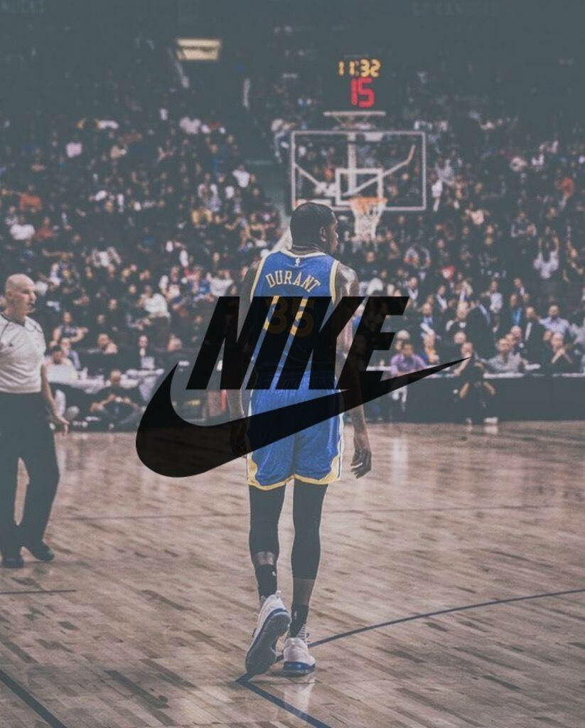 Kevin Durant Basketball Court Wallpaper with Bold Nike Logo Overlay