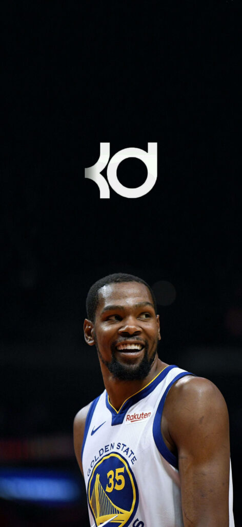 Kevin Durant Smile Wallpaper: Warriors Jersey & KD Logo on Dark Background