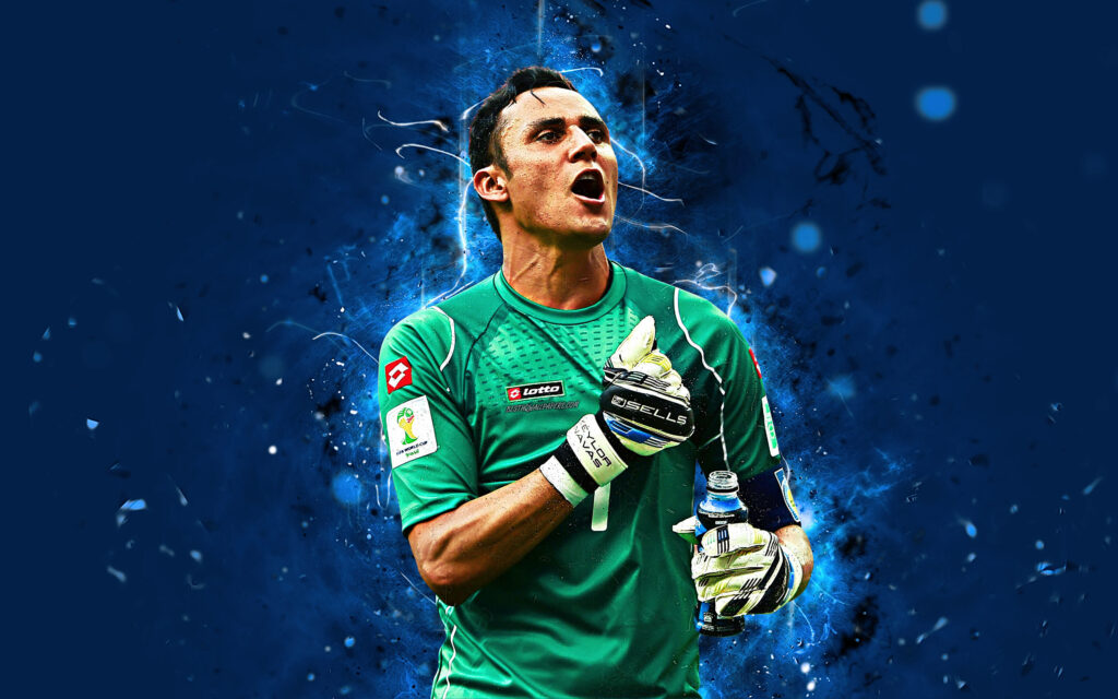 Keylor Navas in green goalkeeper kit with gloves on vibrant blue textured background wallpaper