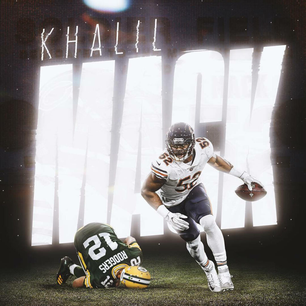 Khalil Mack Chicago Bears dynamic action wallpaper intense energy vibrant team uniform
