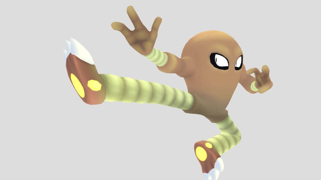 3D Kicking Hitmonlee Fighting Pokemon action pose on light gray background digital wallpaper