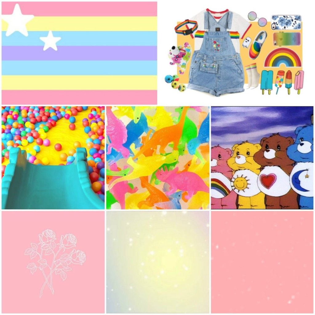 Kidcore pastel collage with Care Bears dinosaurs ball pit denim fashion and sparkles wallpaper