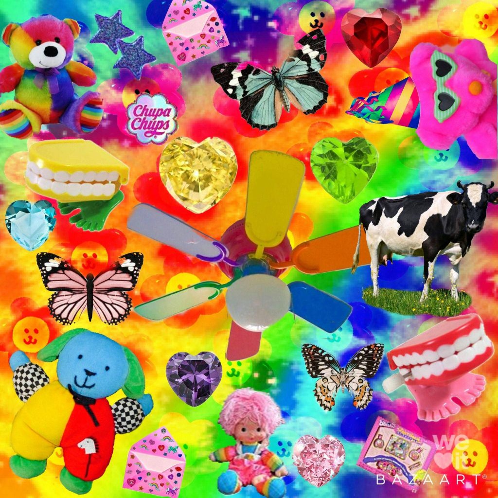 Vibrant Kidcore Rainbow Toys wallpaper with teddy bear chattering teeth hearts cow butterflies fan