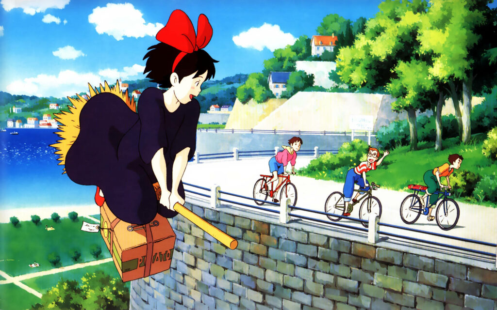 Kiki's Delivery Service Wallpaper: Kiki Flying Over Scenic Countryside