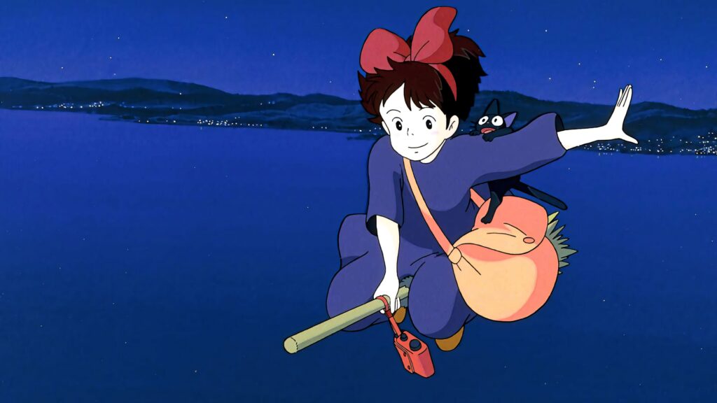 Kiki's Delivery Service: Enchanting Broom Ride Under Starry Sky Wallpaper