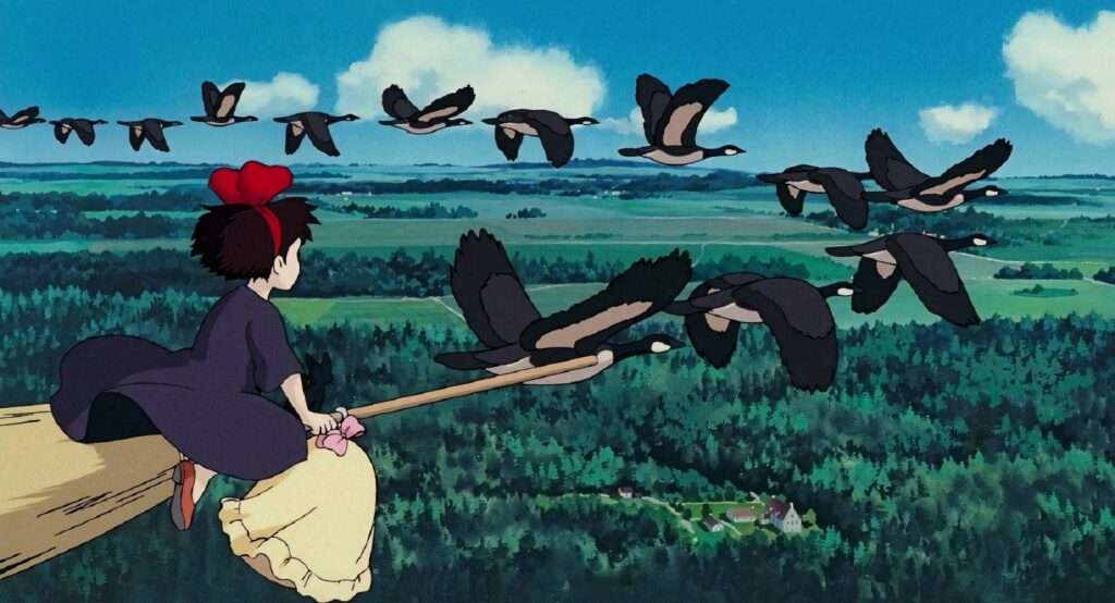 Kiki's Delivery Service: Serene Broomstick Wallpaper with Birds